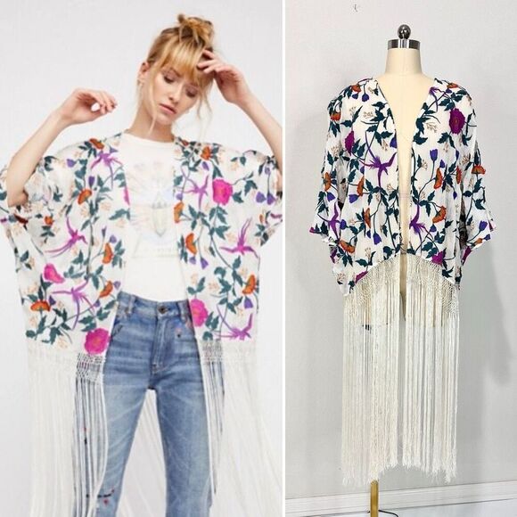 Free People Baby Grand Kimono Embroidered Fringe M Boho Hippie Festival Western - Picture 1 of 10